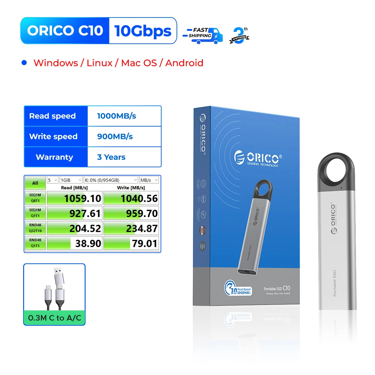 ORICO 1TB External SSD Up to 1050MB/s, Hanging Hole Design Portable Solid State Drive, USB C&A 2 in 1 Cable, Reliable Storage