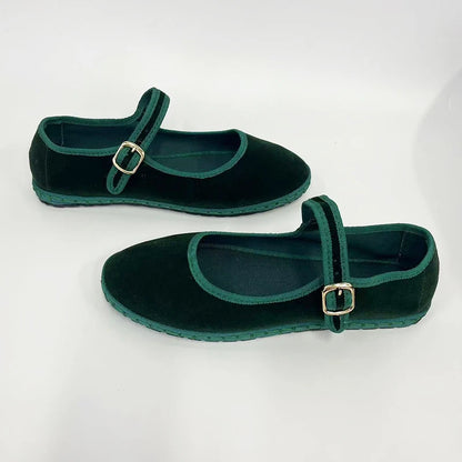 Flannel Flats Women Shoes Hand Stitch Mary Janes Ballet Casual Shoes Ladies Elegant Buckle Closure Velvet Loafers Dark Green