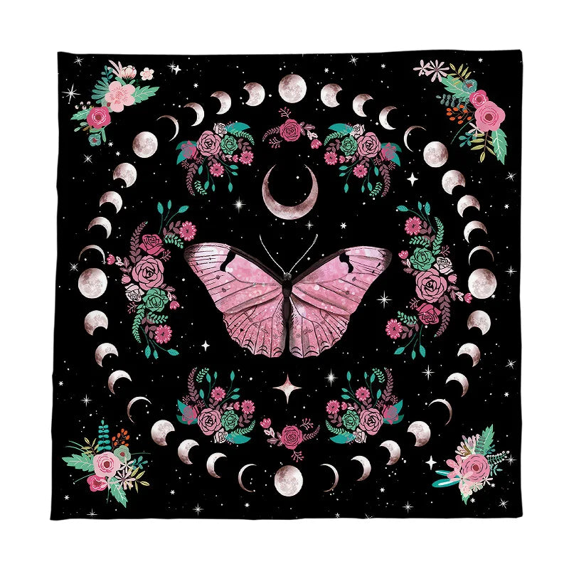 Pink Butterfly Moon Phase Floral Tarot Card Tablecloth  Altar Cloth Witchcraft Astrology Oracle Divination Cloth Home Decor