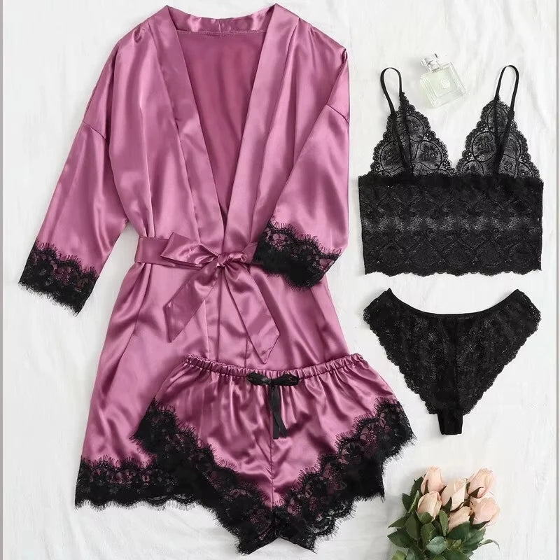 Women's Fashion Pajama Print Sexy Lace Trim Faux Silk Satin Pajama Set Gown Skin Friendly Comfort Loungewear Sexy Pajamas