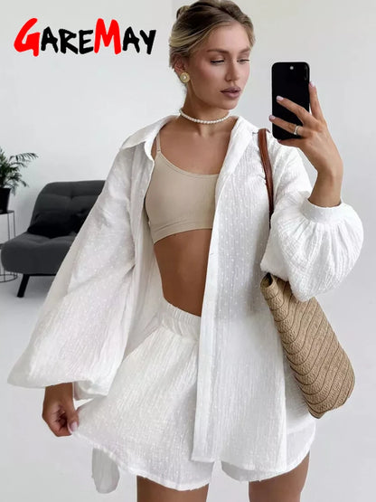 Women's Summer Suit with Shorts and A Shirt White Cotton 100% Two-piece Suit Female Long Sleeve  Oversize  Muslin Suit for Women
