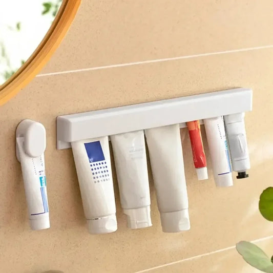 Wall Mount Bathroom LongToothpaste Holder Multifunctional Space-Saving Toothpaste Holder No Drilling Required Storage Rack