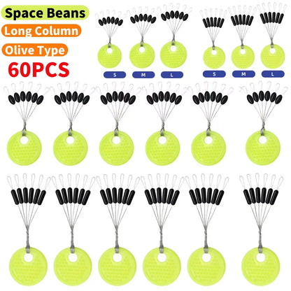 60pcs 10/20 Group Set Rubber Silicon Space Bean Sea Carp Fly Fishing Black Rubber Oval Stopper Fishing Float Fishing Bobber Part
