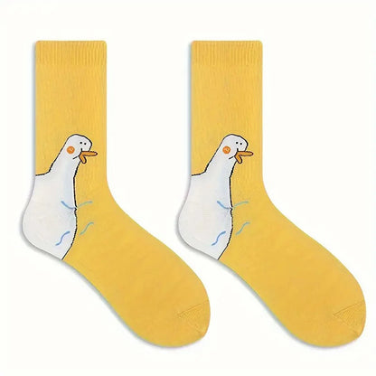 1/6 Pairs Cartoon Women Socks Fashionable And Versatile Cute Design Funny Goose Breathable Soft Comfortable Women Casual Socks?