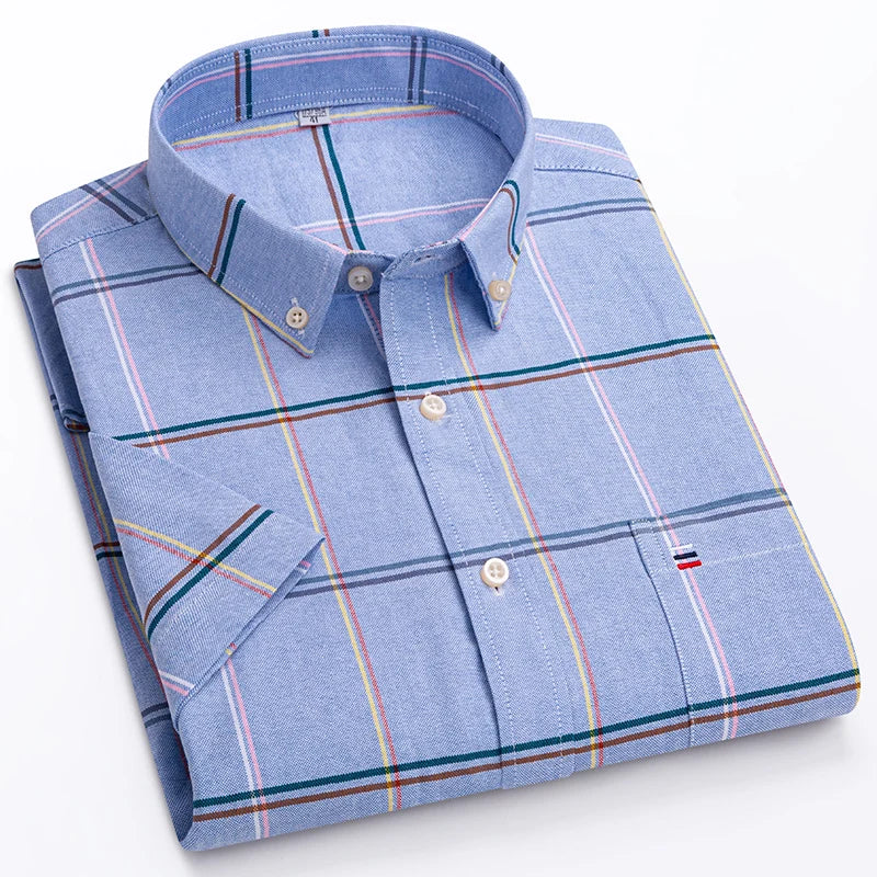 100% Pure Cotton Oxford Shirt For Men¡¯s Short Sleeve Solid Stripe Leisure Embroidered Horse Social Business Formal Dress Shirts