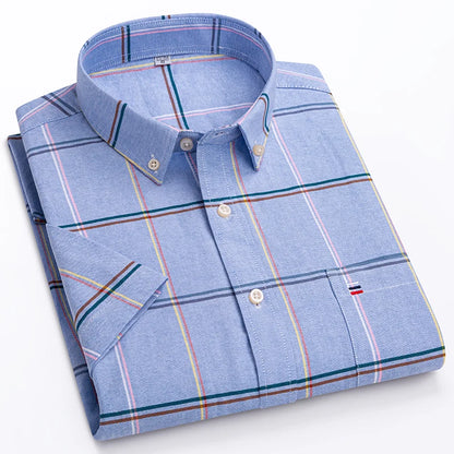 100% Pure Cotton Oxford Shirt For Men¡¯s Short Sleeve Solid Stripe Leisure Embroidered Horse Social Business Formal Dress Shirts