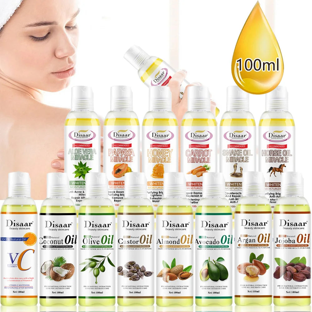 100ml Pure Natural Plant Essential Oils Aloe VC Avocado Honey Snake Argan Olive Carrot Massage Oil Repairing Smoothing Skin Care