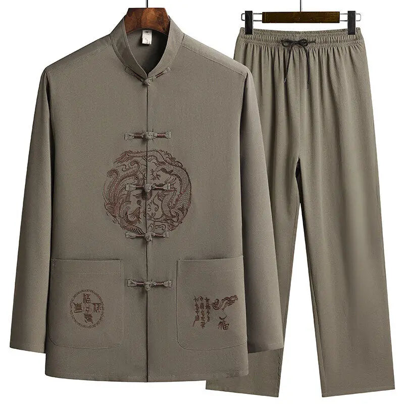 Male printing Chinese style long sleeves shirts trouser 100% Cotton Silk fabric Sportswear Men's Casual Sets Shirts + Pants