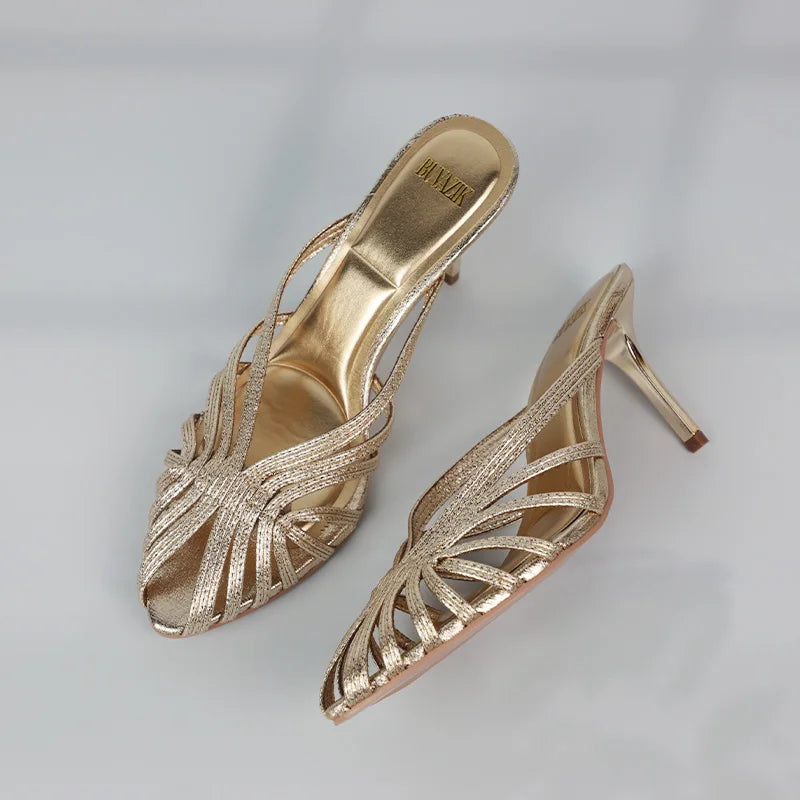 New Gold Hollow Thin Strip Heels for Women Luxury Pointed Toe Heeled Pumps Office Lady Mules Summer Stiletto Shoe Sandals 2025