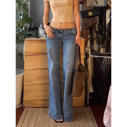 American Retro Flare Jeans Low Waist E-girl Slim Bandage Bottoms Women Fashion Black Cotton Denim Pant Trousers Y2K High Street