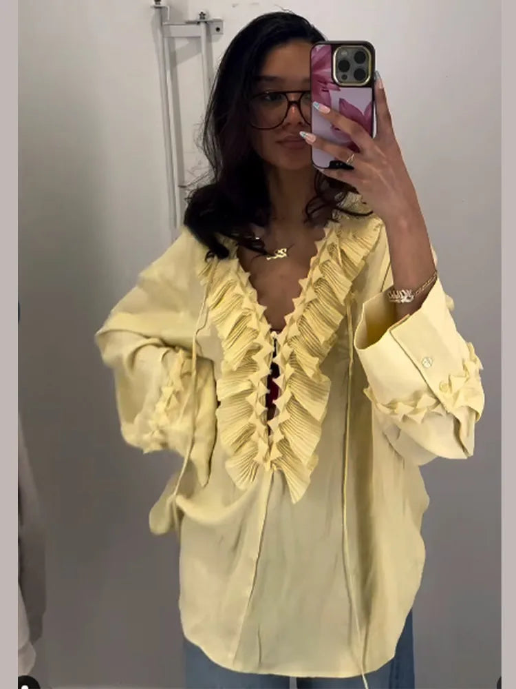 Solid Ruffles Full Sleeve Chiffon Shirt Women Casual V Neck Long Sleeves High Street Blouses 2025 Spring Summer Loose New Tops