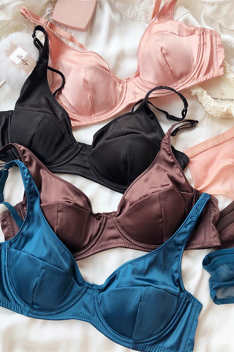 Women Ice Silk Comfort Underwear Sexy Small Breast Push Up Bra Set Detachable Padding Thin Cup Brassiere Intimates Panties Set