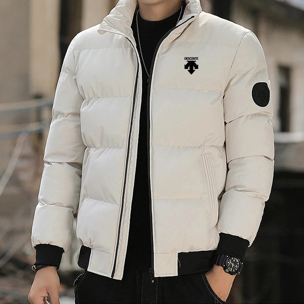 A new men's casual stand-up collar down cotton thermal jacket for winter 2026, a fashionable cotton jacket for outdoor sports