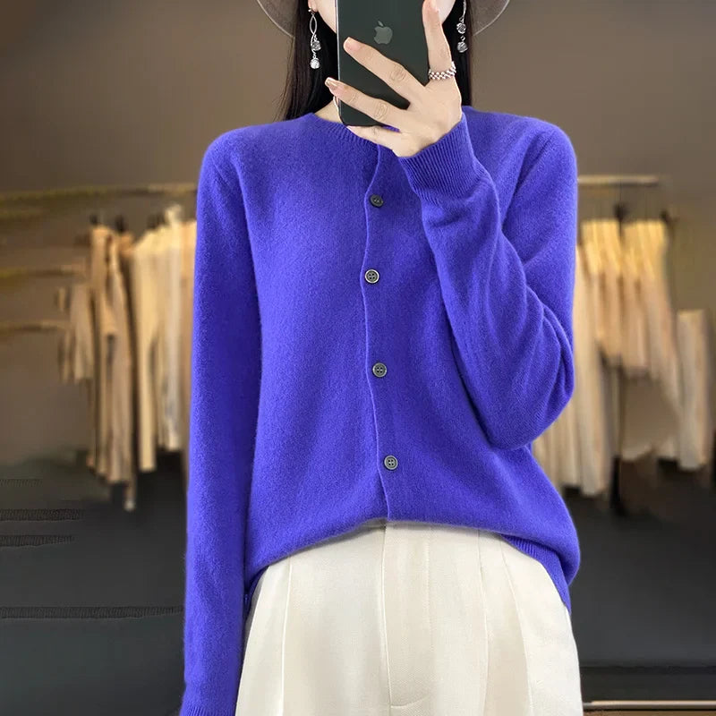 100% Merino Wool Sweater Women O-Neck Cardigan Basic Style  Buttoned Knitwear Female Casual Autumn Winter Soft Tops