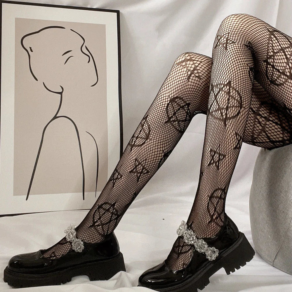Kawaii Gothic Hollow Out Pantyhose Lolita Bow Knot Fishnet Stockings Women Spicy Girl Black White Sexy Thin Ins Tide Lace Tights