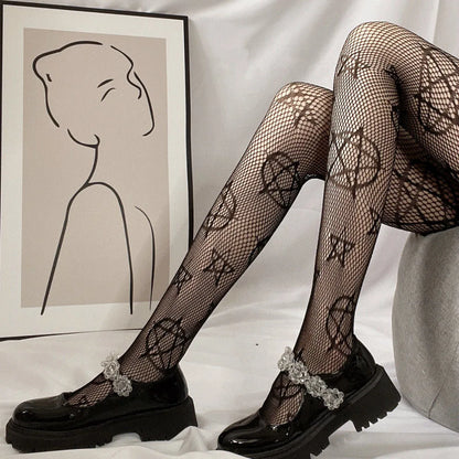 Kawaii Gothic Hollow Out Pantyhose Lolita Bow Knot Fishnet Stockings Women Spicy Girl Black White Sexy Thin Ins Tide Lace Tights